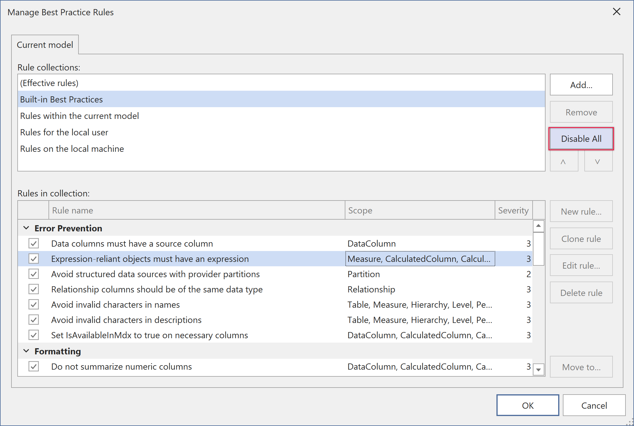 Screenshot showing BPA preferences with global enable/disable toggle and per-rule checkboxes